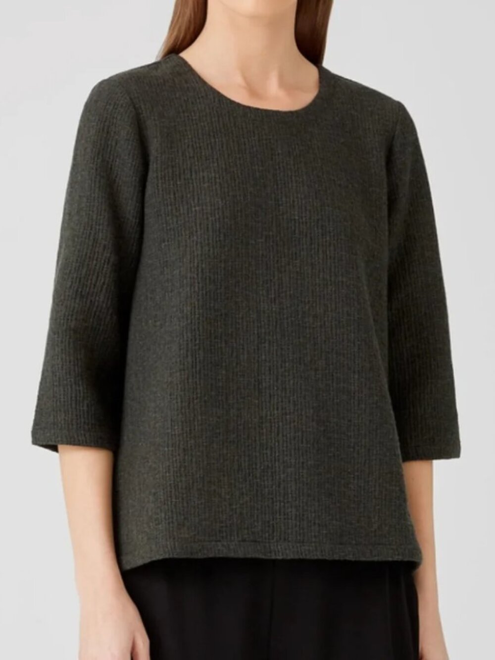 Eileen Fisher Charcoal Round-Neck Textured Top 3/4 Sleeve Sz L- NWT